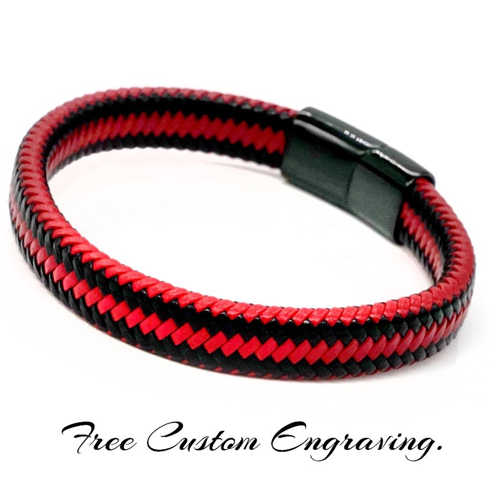 Men’s Bracelet Black & Red Leather with Magnetic Sliding Clasp. - Picture 1 of 5